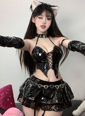 瑰云性感制服纯欲漆皮镂空绑带PU皮二次元小恶魔cos制服诱惑qqny