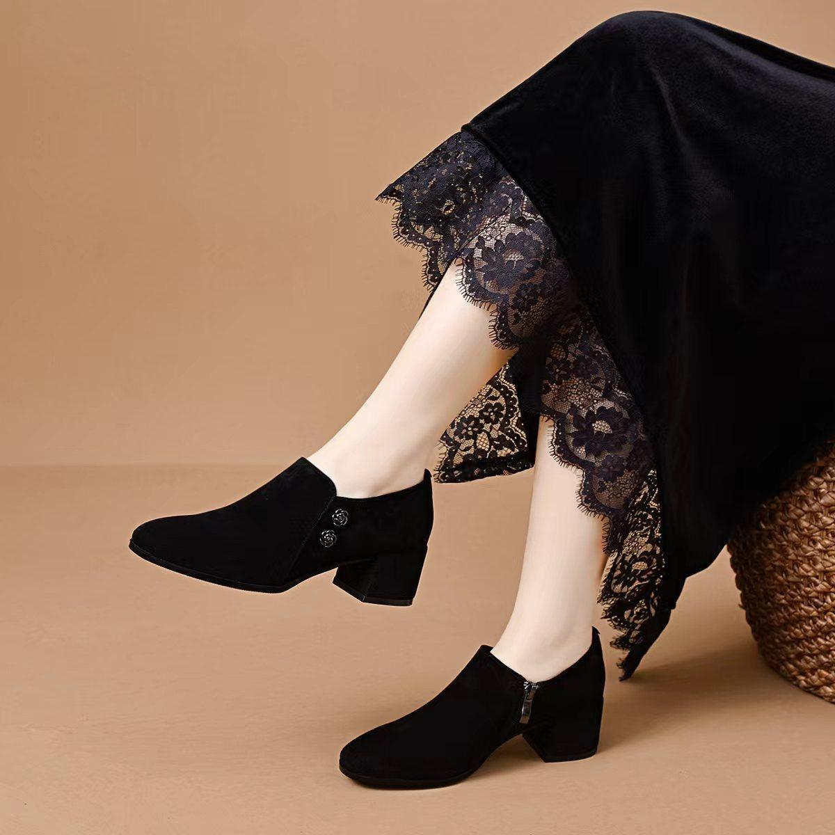 羊绒真皮女鞋春秋百搭女款鞋子粗跟深口单鞋羊京绒时尚圆头小皮鞋,女鞋,深口单鞋,淘宝优惠券,粉丝福利购,淘宝优惠卷