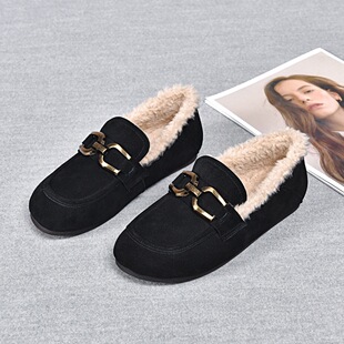 百搭加绒豆豆鞋秋冬低帮棉鞋女款平底休闲鞋子加厚保暖真皮毛毛鞋