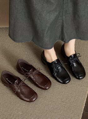 春秋季软底低跟真皮女鞋百搭女款鞋子圆头系带皮鞋休闲深口小单鞋
