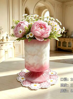 欧式渐变色玻璃花瓶手工餐桌摆件竖长圆形花器家居装饰