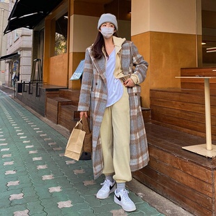 现货韩国东大门女装冬季新款韩范宽松中长款格子加厚毛呢外套