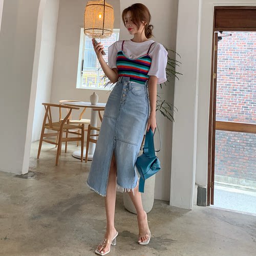 现货韩国东大门女装夏季高腰拼接做旧磨白剪边开叉牛仔半身裙