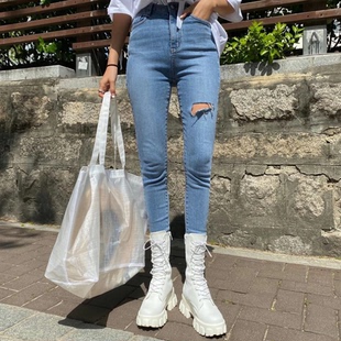 现货韩国东大门女装春秋夏季新款韩范修身显瘦破洞九分小脚牛仔裤
