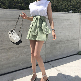 现货韩国东大门女装春夏秋新款韩范高腰简约系带A型半身裙短裙