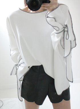 现货韩国东大门女装2022春季新款白色锁边装饰袖口系带长袖T恤rl