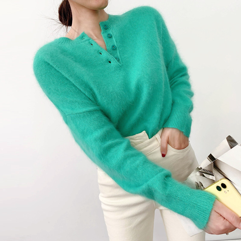 现货韩国东大门女装2025秋冬新款韩范休闲宽松半排扣套头毛针织衫