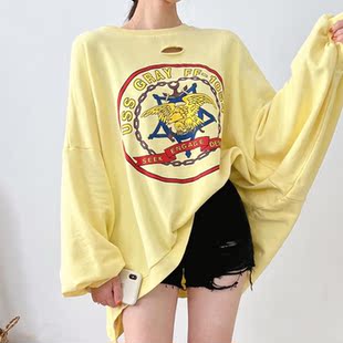 现货韩国东大门女装春夏秋韩范休闲宽松中长款破洞字母图案卫衣