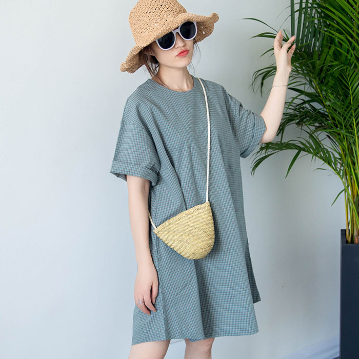 现货韩国东大门女装2025夏季新款韩范休闲宽松拉链格子短袖连衣裙
