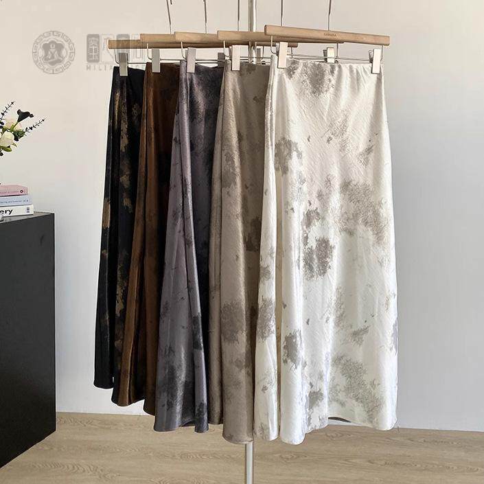 复古水墨晕染醋酸缎面鱼尾裙子2025春款长裙高腰半身裙女