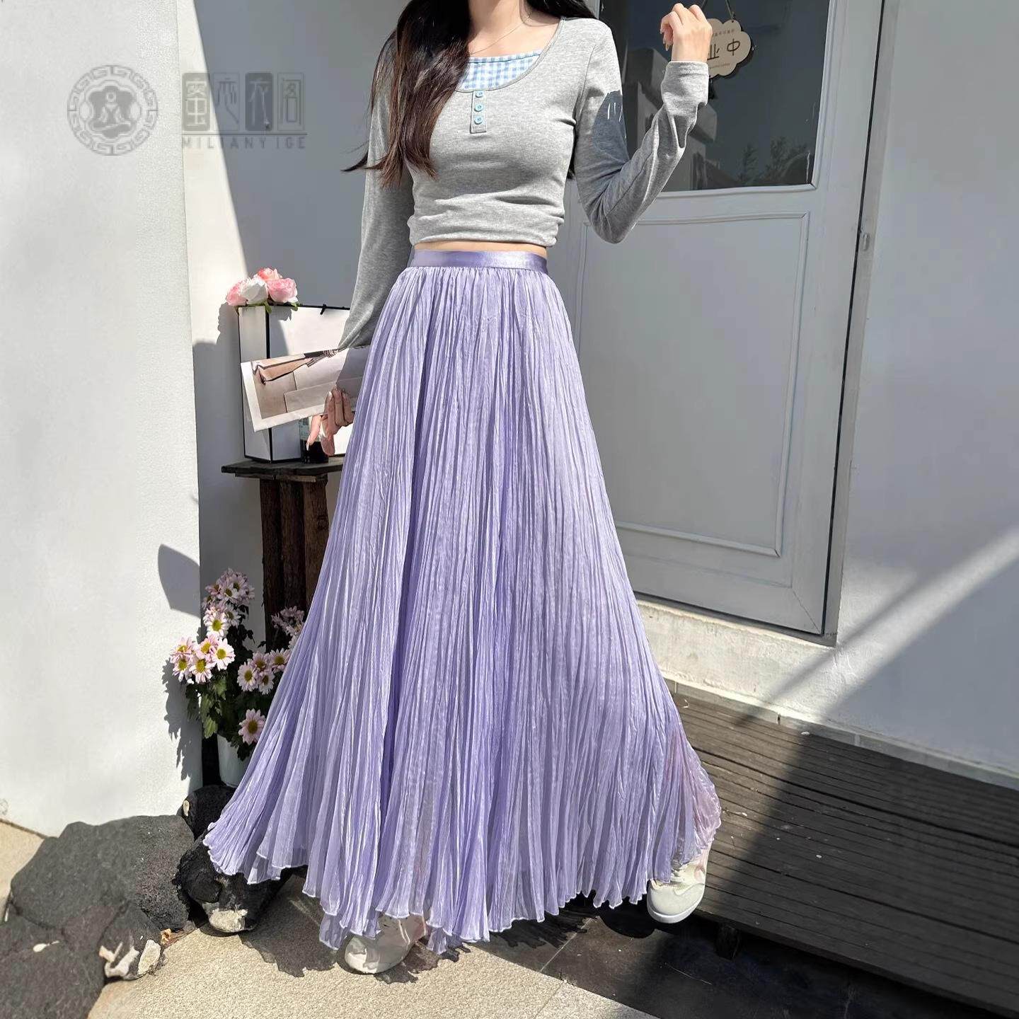 法式复古纯色真丝百褶半身裙女