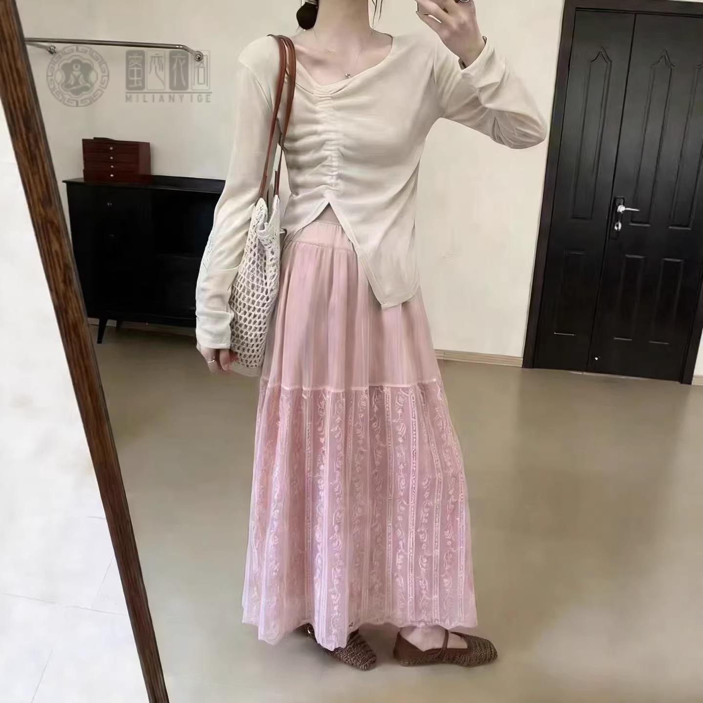 春季新款粉色中长森女刺绣半身裙