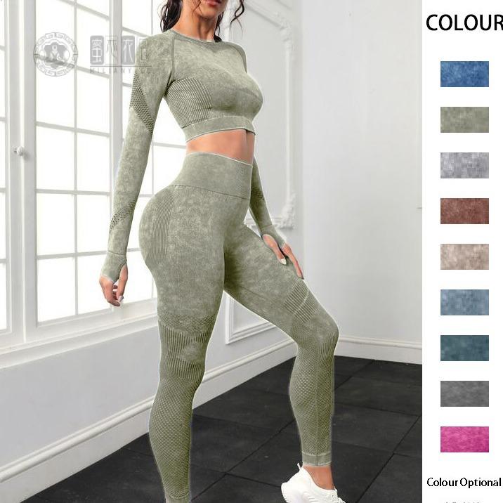 欧美水洗缝瑜伽服套装女高腰显瘦