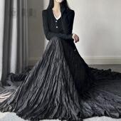 褶皱气质高腰百搭显瘦半身长裙女720度大摆裙90m超长款 拖地长裙