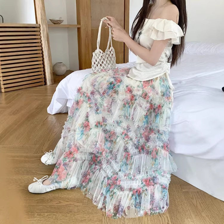 钉珠网纱玫瑰碎花蛋糕裙女2026