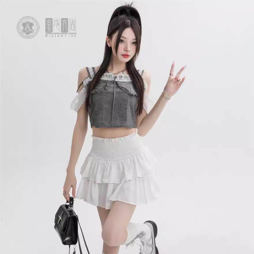 白色蓬蓬裙层层百搭缎面高腰蛋糕裙束腰显瘦辣妹半身裙内衬防走光