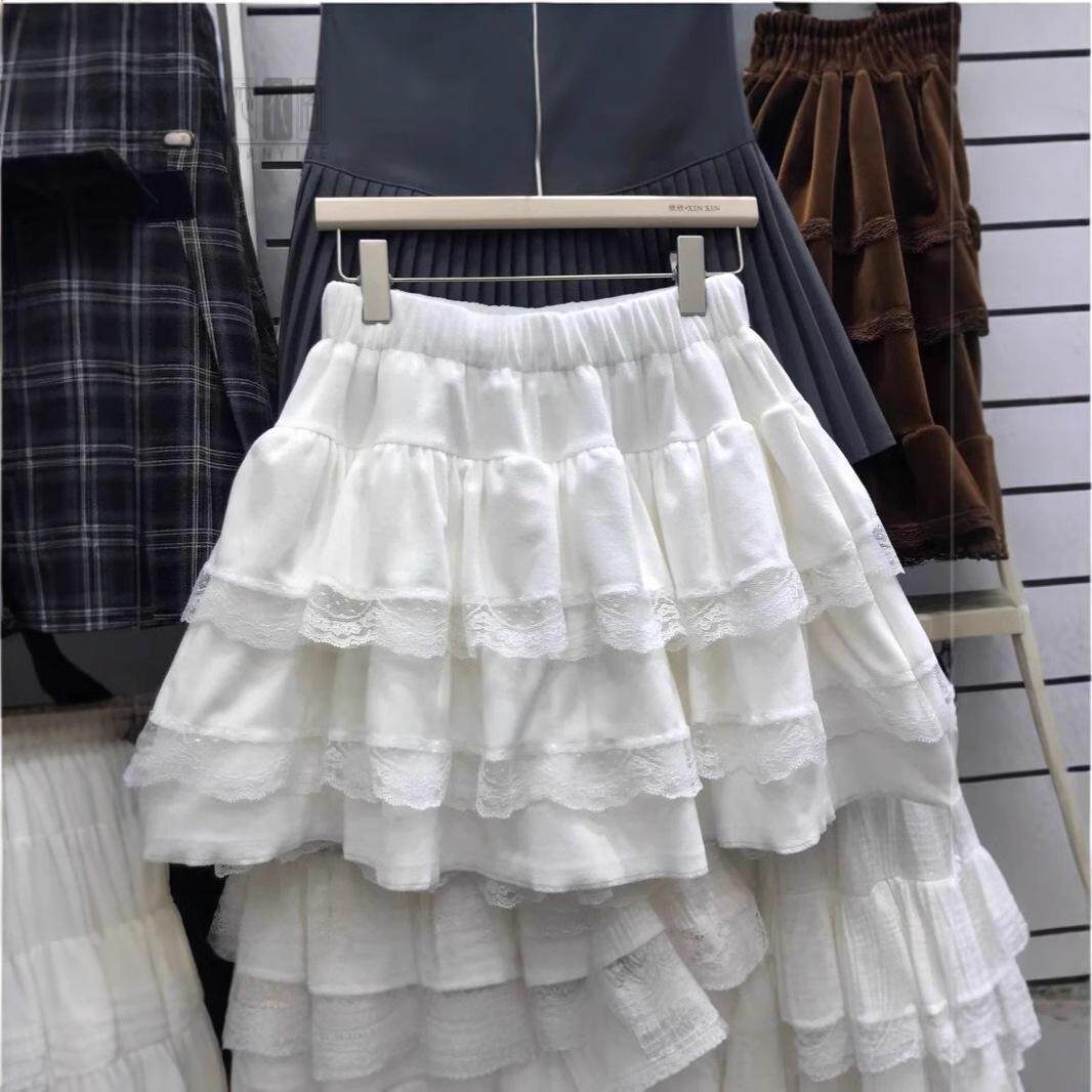 秋冬甜美减龄白色芭蕾风半身裙女高腰松紧蓬蓬裙蕾丝蛋糕裙短裙女