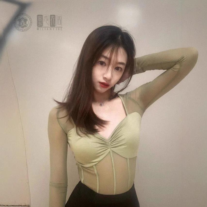 带胸垫长袖恤女网纱拼接性感