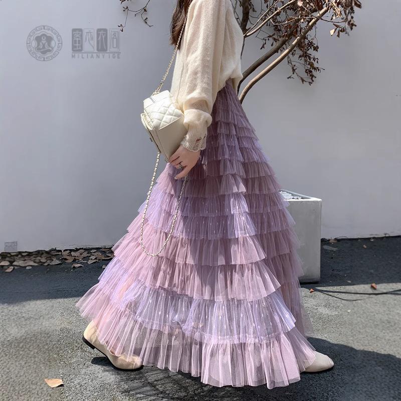 2025新款甜美显瘦紫色渐变网纱女