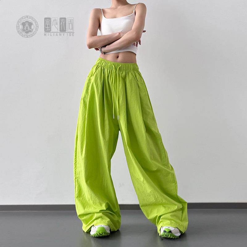 绿色直筒休闲裤阔腿裤女2025夏季新款韩系慵懒风宽松显瘦清凉裤子