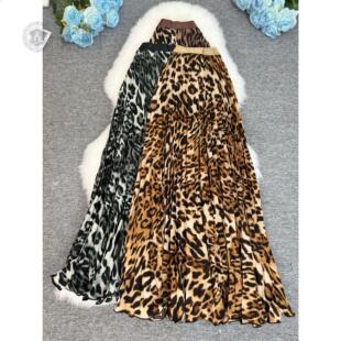 95m夏季南非北美豹纹半身裙经典百搭显瘦百褶裙长款裙子女