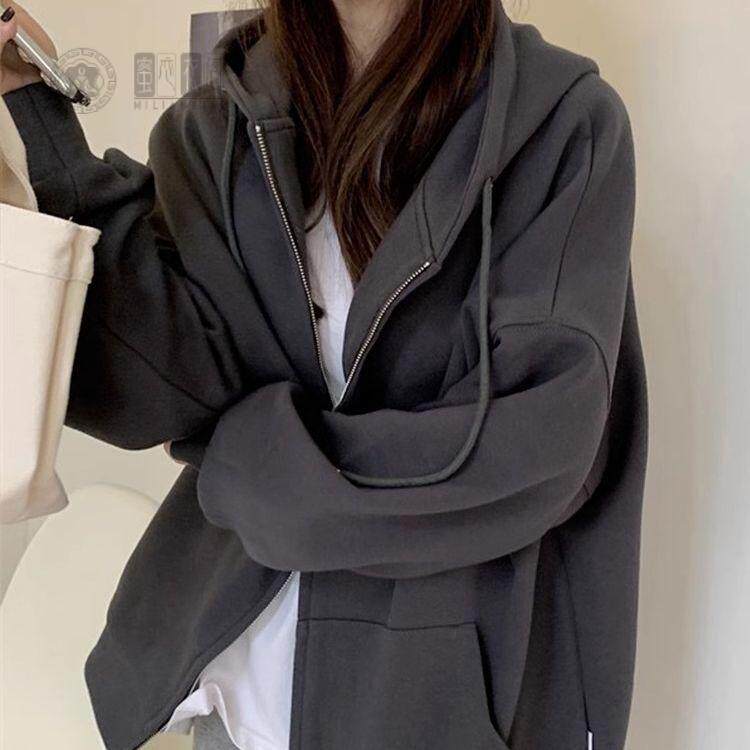 灰色卫衣外套女春秋连帽拉链开衫韩系慵懒风厚加绒2026新款秋冬