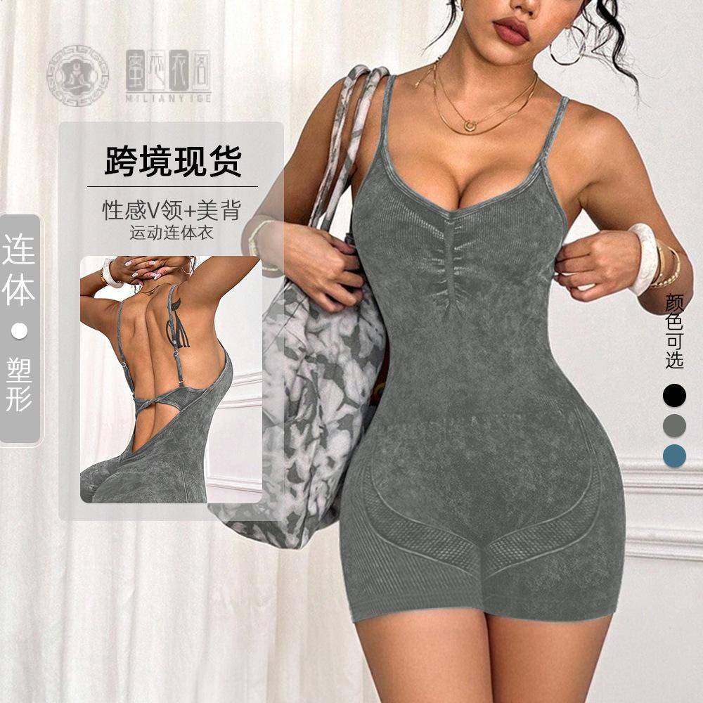 欧美性感V领美背抽褶连体短裤女