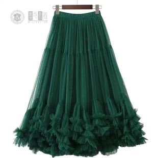 多层蛋糕跳舞网纱裙中长款重工半身裙木耳边a字大摆蓬蓬裙纱纱裙