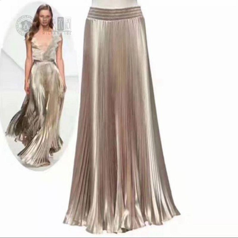 色丁风琴鱼尾裙金属亮色缎面百褶裙包臀半身裙拖地1米长裙子
