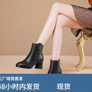 高跟女短靴粗跟真皮女靴圆头侧拉炼短筒单靴通勤百搭牛皮女士靴子