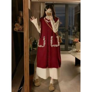 红色针织背心连衣裙2025超火新款秋冬大码胖mm叠穿长款马甲裙