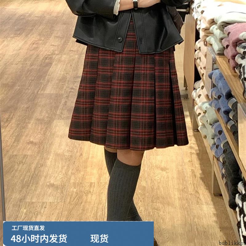 红色格子半裙中裙2025新款半身裙女秋季大码胖mm高腰jk裙子百褶裙