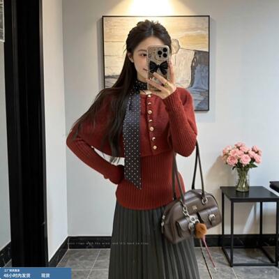 韩式波点飘带披肩针织衫两件套女秋季千金风斗篷上衣保暖毛衣套装