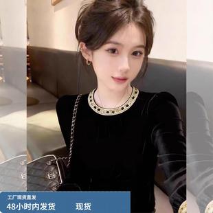 重要场合绝美女士衬衫冬季法式黑色丝绒内搭可外穿圆领巨好看上衣