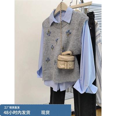 灰色刺绣无袖针织马甲女春秋外穿宽松衬衫叠穿坎肩毛衣背心两件套