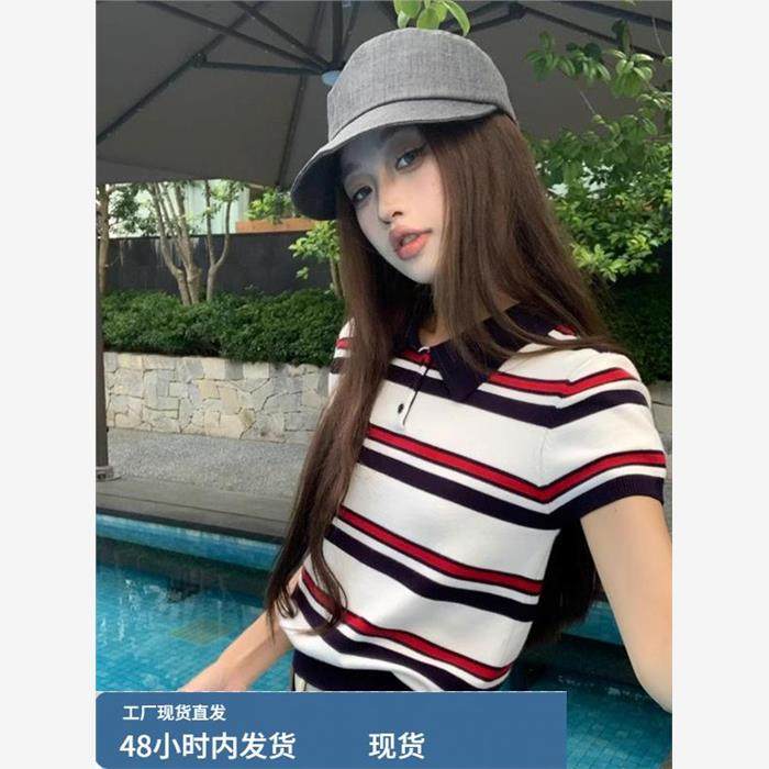 覆古条纹Polo领右肩短袖t恤女性夏季2025新设计修身上衣