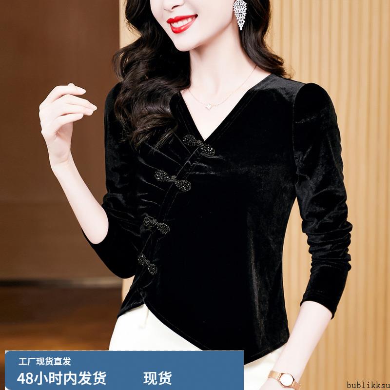 v领金丝绒上衣女秋季新款复古中国风盘扣小衫高端洋气黑色打底衫
