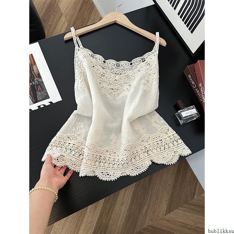 法式蕾丝镂空吊带背心女2025年秋新款时尚高级感白色钩花无袖上衣