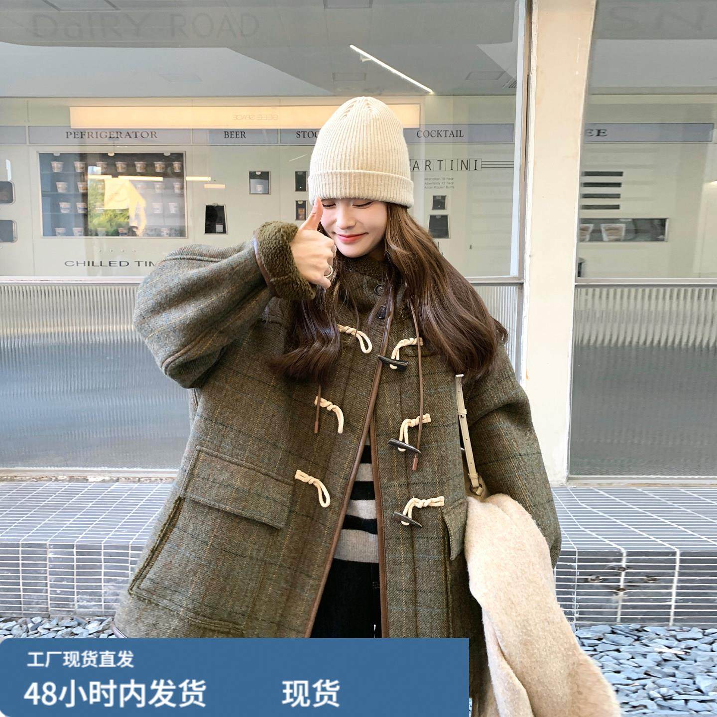复古绿色格纹羊羔毛外套2025新款女冬牛角扣连帽加厚小香风派克服,运动/瑜伽/健身/球迷用品,广场舞套装,淘宝优惠券,粉丝福利购,淘宝优惠卷