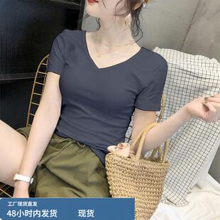 烟灰色T恤女士短袖V领紧身夏低领纯棉2026V领半袖上衣服ins潮