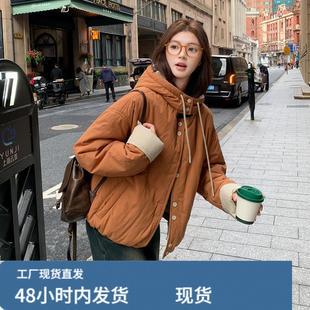 南瓜色连帽短款羽绒棉服女冬季超火好看高级小众加厚棉衣棉袄外套