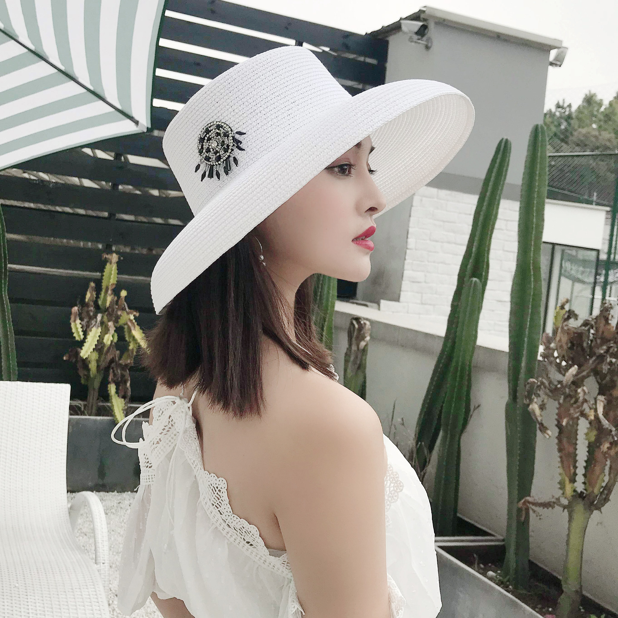 MYMAO原创设计塔罗牌草帽子女灯罩帽英伦沙滩帽百搭遮阳遮脸帽夏