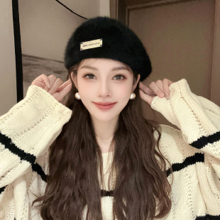 秋冬网红兔毛前进贝雷帽女英伦复古黑色显脸小反戴画家帽大头围潮
