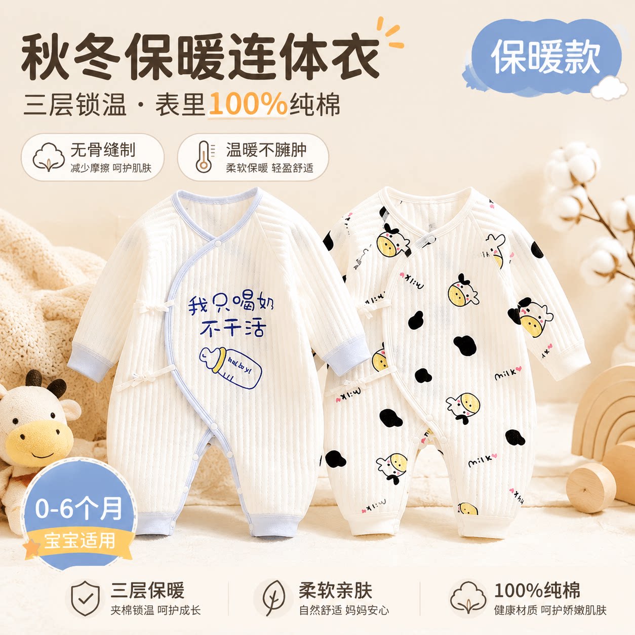 新生婴儿儿衣服秋季保暖纯棉夹棉服和尚服初生宝宝连体衣哈衣冬装