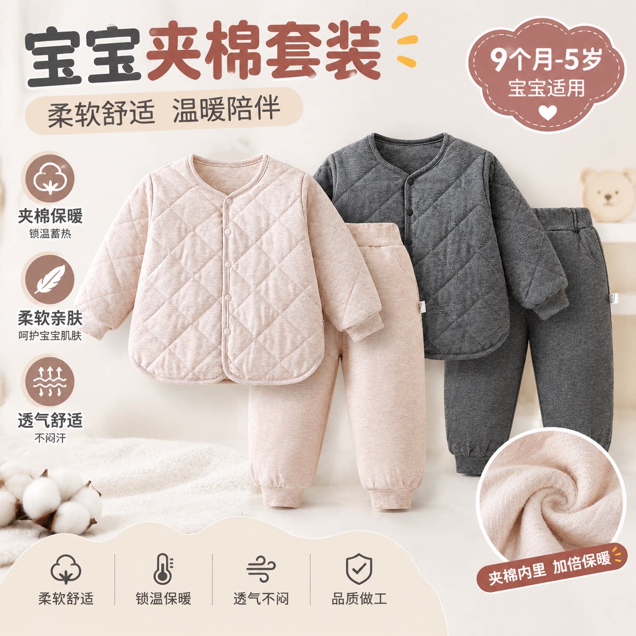 婴儿棉衣套装秋冬男童女童夹棉保暖分体棉袄棉裤儿童冬装宝宝棉服