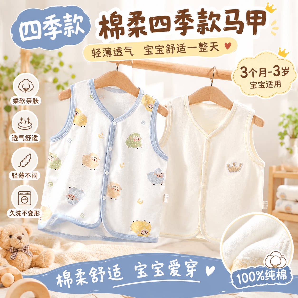 婴儿马甲a类纯棉秋季外穿宝宝四季保暖开衫马夹春秋款背心小坎肩