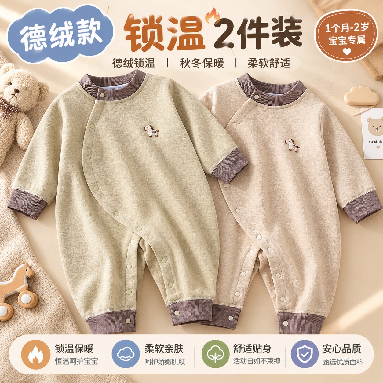 婴儿连体衣秋季a类德绒男童女童衣服护肚秋冬保暖连体防着凉爬服