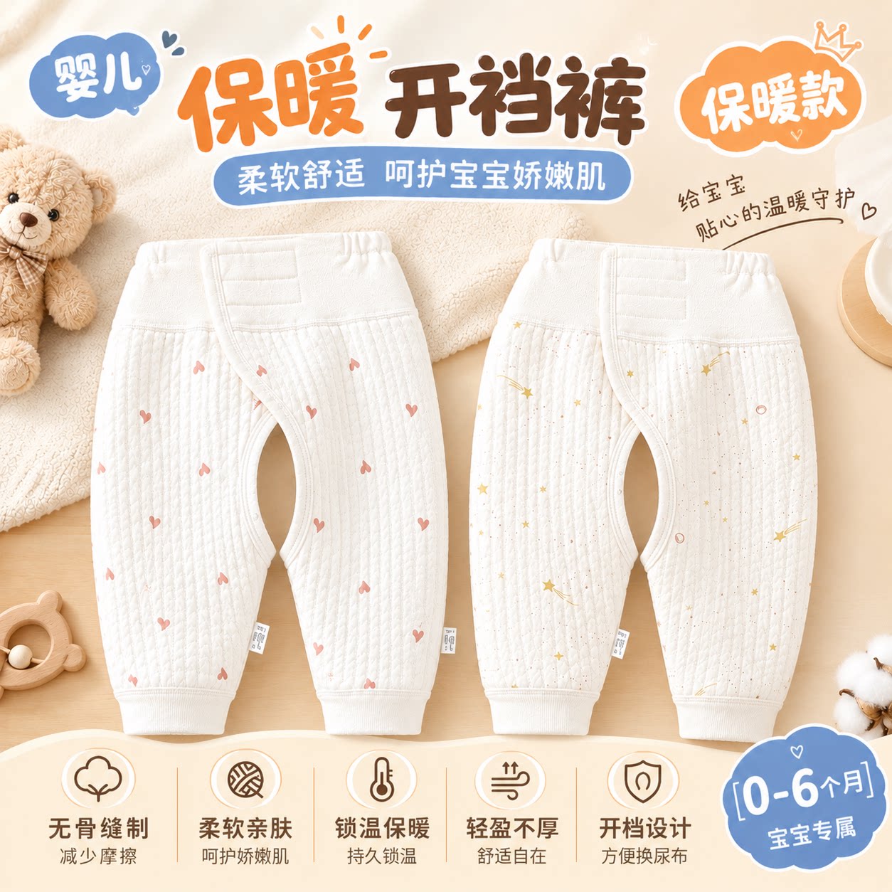 婴儿魔术贴秋裤高腰护肚裤棉开档保暖宝宝衣服新生儿秋冬三层保暖