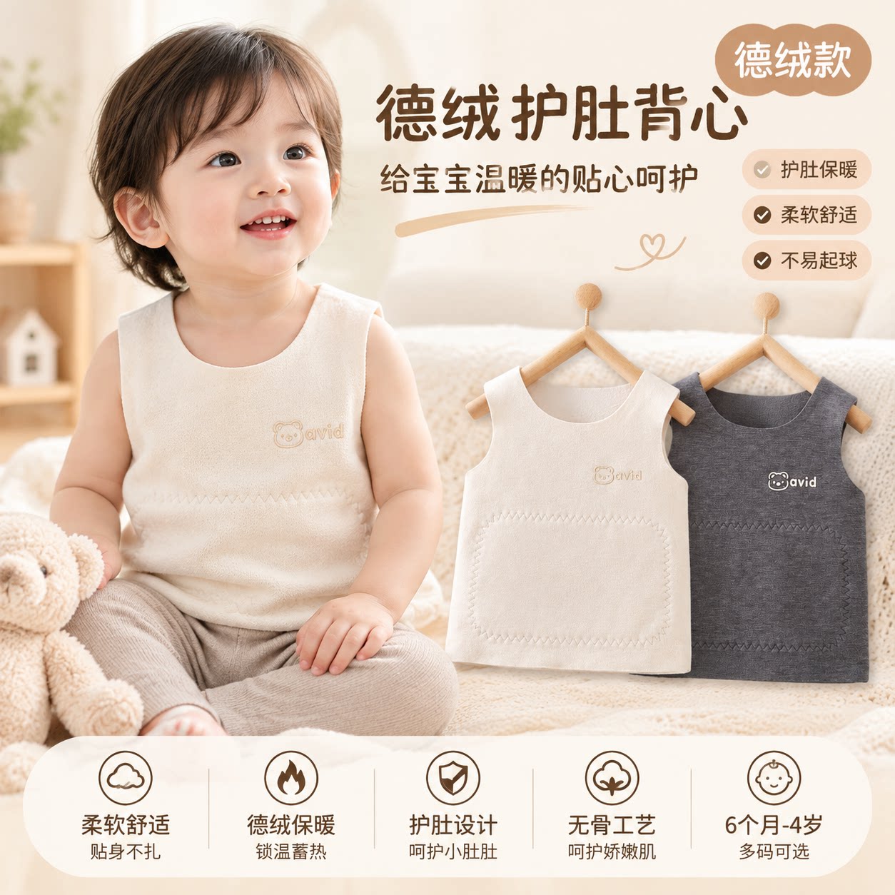婴儿德绒背心男童女童保暖内穿发热马甲儿童背心宝宝内衣护肚秋冬