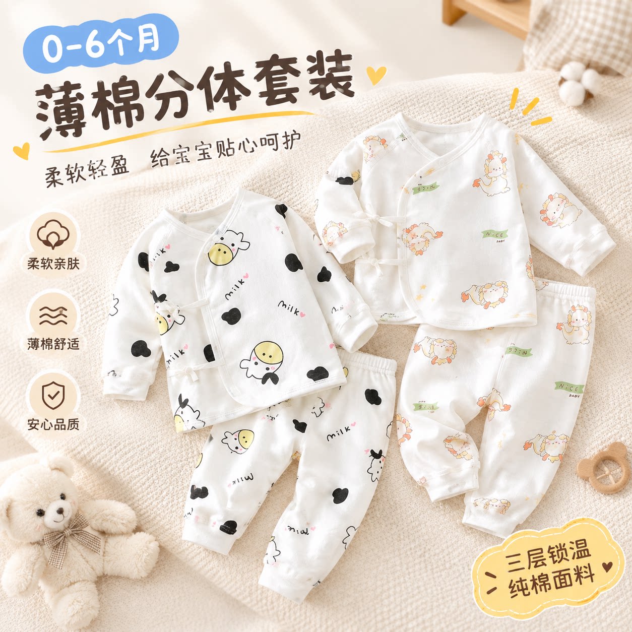 新生儿衣服秋冬保暖款初生宝宝夹棉贴身睡衣婴儿和尚纯棉分体套装